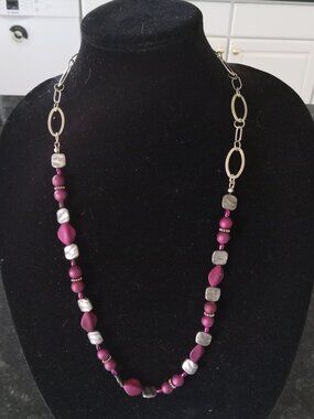 Purple and Silvertone Hand-made 29" Necklace